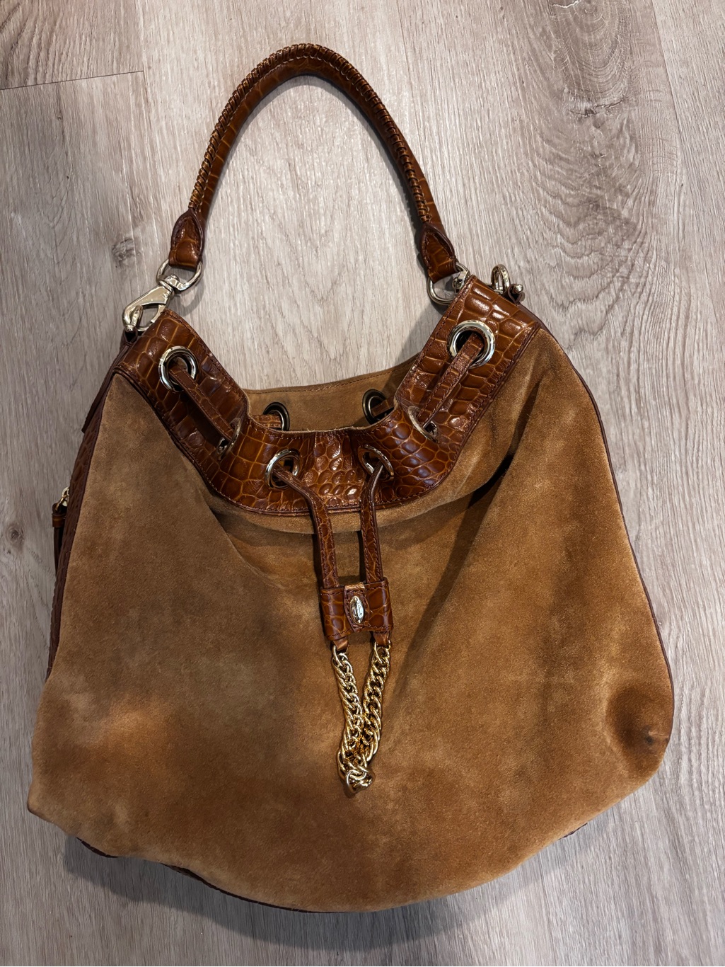 Cole Haan Brown Suede Hobo With Croc-Trim And Gold Chain
